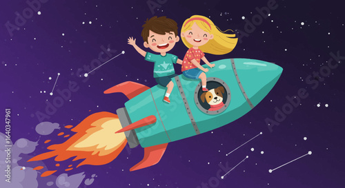 Adorable young boy and girl with their furry dog companion embarking on an exciting interstellar adventure aboard a vibrant turquoise rocketship soaring through the starry cosmos leaving a trail of fi