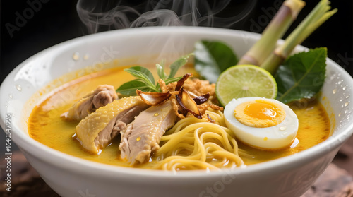 Close-Up of Soto Ayam with Turmeric Broth