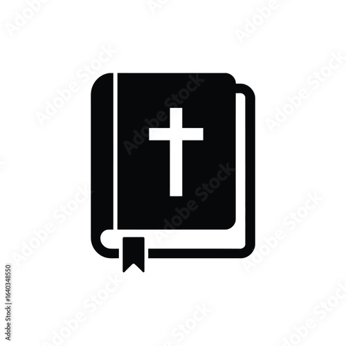 Black and white icon of a closed bible with a cross on the cover and a bookmark
