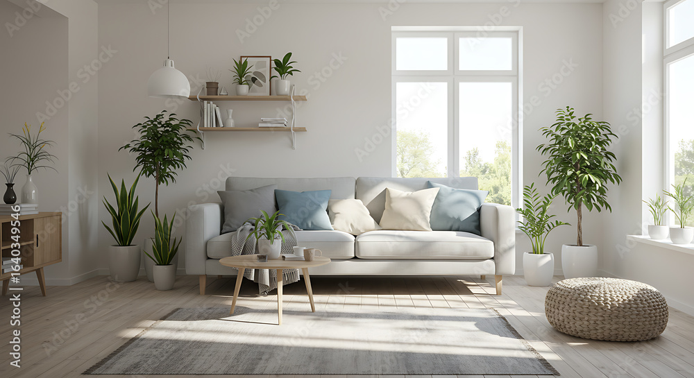 Fototapeta premium Bright and Modern Living Room Interior with Sofa, Natural Light, and Green Houseplants