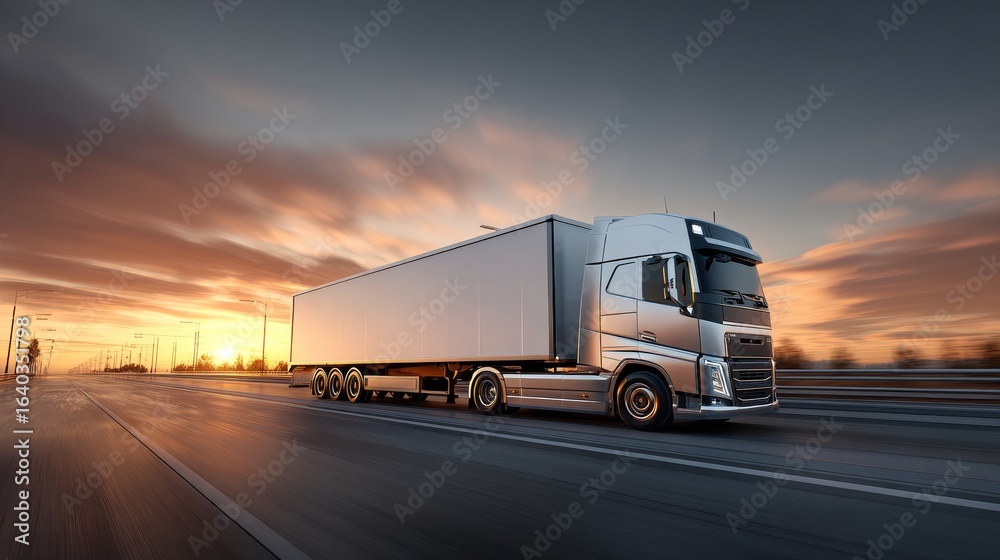 A modern semi truck with a trailer travels on a highway during sunset, carrying cargo for commercial transport. A modern semi truck with a trailer travels on a highway during sunset, carrying cargo for commercial transport.
