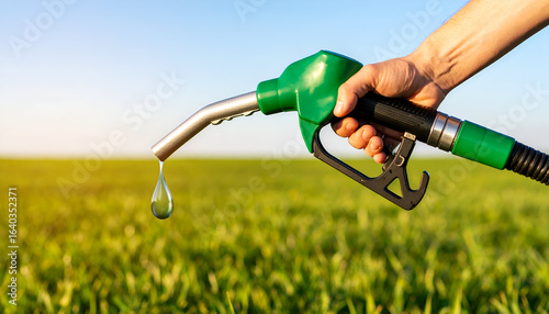 Green fuel with hand, field, and sunset.