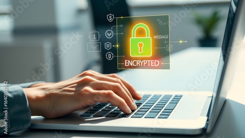 Cybersecurity concept with a person using a laptop for data protection, showing a holographic encrypted padlock for secure network access.