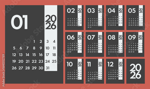 2026 year monthly office planner, 12 month calendar starts monday, web page design element template, mobile app mockup, two red weekends, dark background