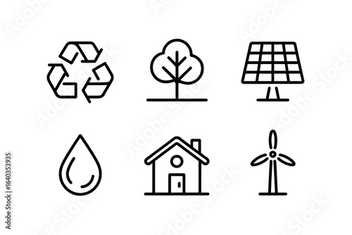 Sustainable living icons: recycling, tree, solar panel, water drop, house, and wind turbine for eco-friendly concepts