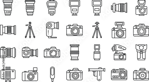 Collection of camera equipment icons, representing various photography tools and accessories for professional and amateur photographers alike