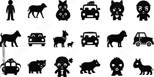 Collection of cartoon icons featuring animals, cars, and people in a simple, modern style
