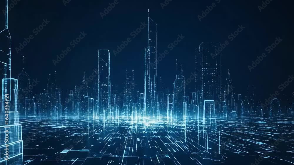 Futuristic city skyline with glowing digital structures and data streams at night Futuristic city skyline with glowing digital structures and data streams at night