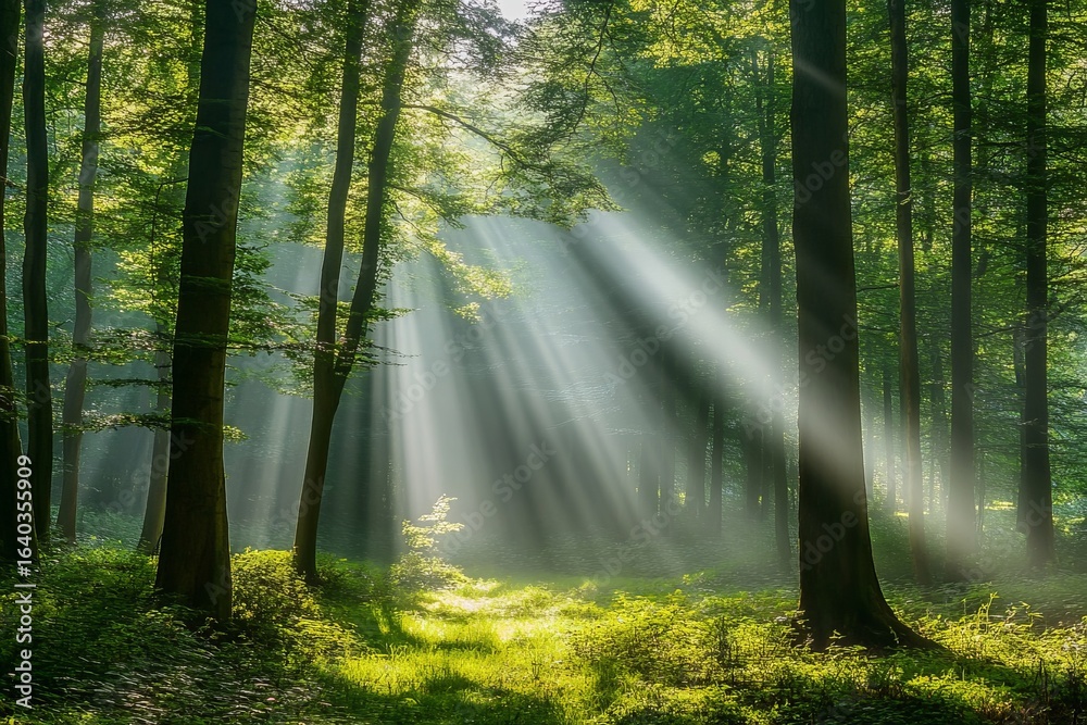 Obraz premium Sunlight streaming through lush green forest creating serene and magical atmosphere