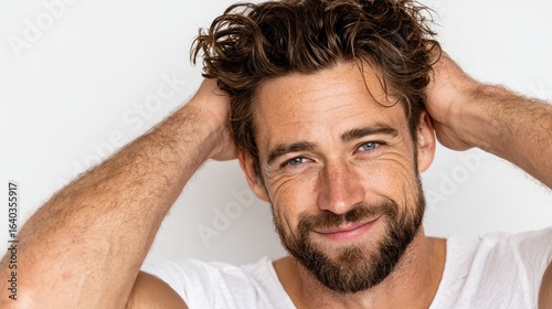 Handsome man with beard, brown hair, smiles, and hands on head on white. Use for male grooming ads, lifestyle, or expressing positive emotions.