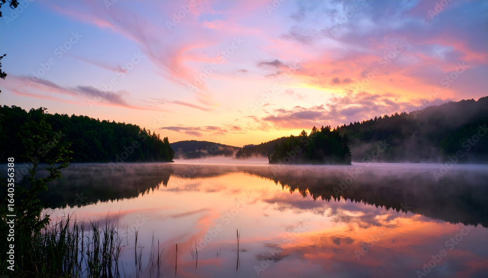 Fototapeta premium Serene Sunrise Lake Reflection.