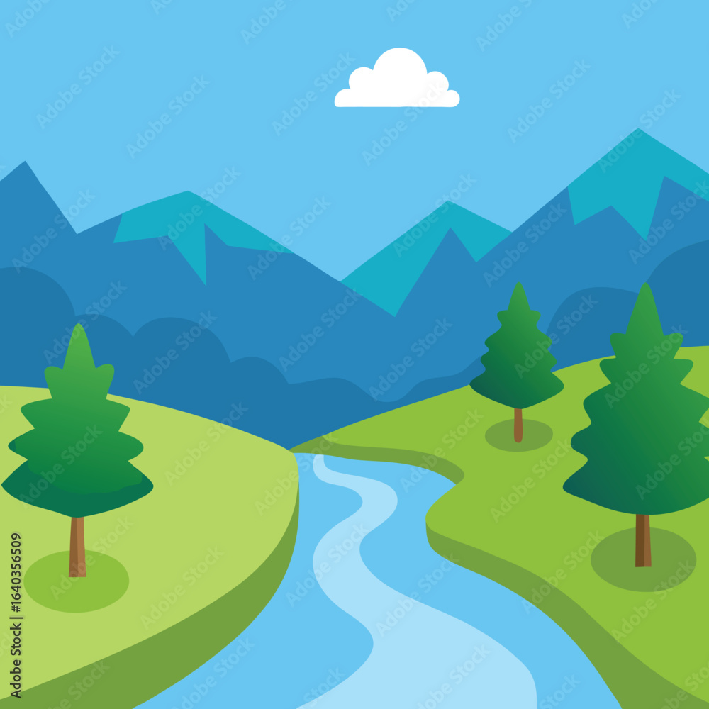 Obraz premium Serene vector landscape with a flowing river and lush trees