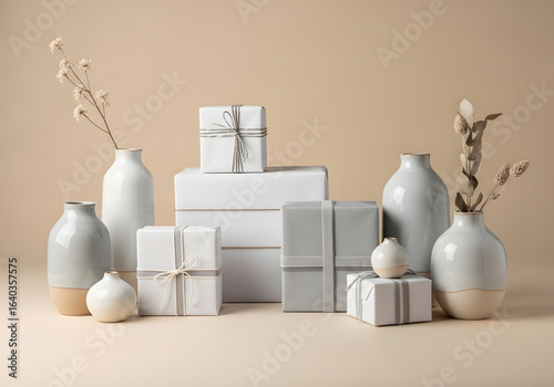 Minimalist gift boxes and ceramic vases arrangement