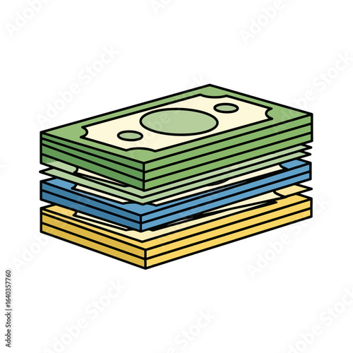 A neatly stacked pile of colorful banknotes, depicted in a simple graphic illustration, symbolizing wealth and financial growth.