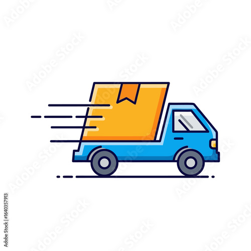 Fast delivery service: A blue truck carries a large package quickly across town, signifying rapid and reliable shipping.
