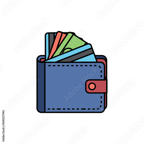 A flat illustration of a blue wallet with a red accent, filled with colorful credit cards, representing financial transactions and consumerism in a clean, modern style.