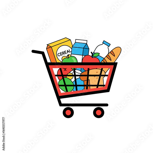 A red shopping cart full of groceries, including cereal, milk, apples, bread, and juice, is ready for checkout, symbolizing consumerism and healthy eating.