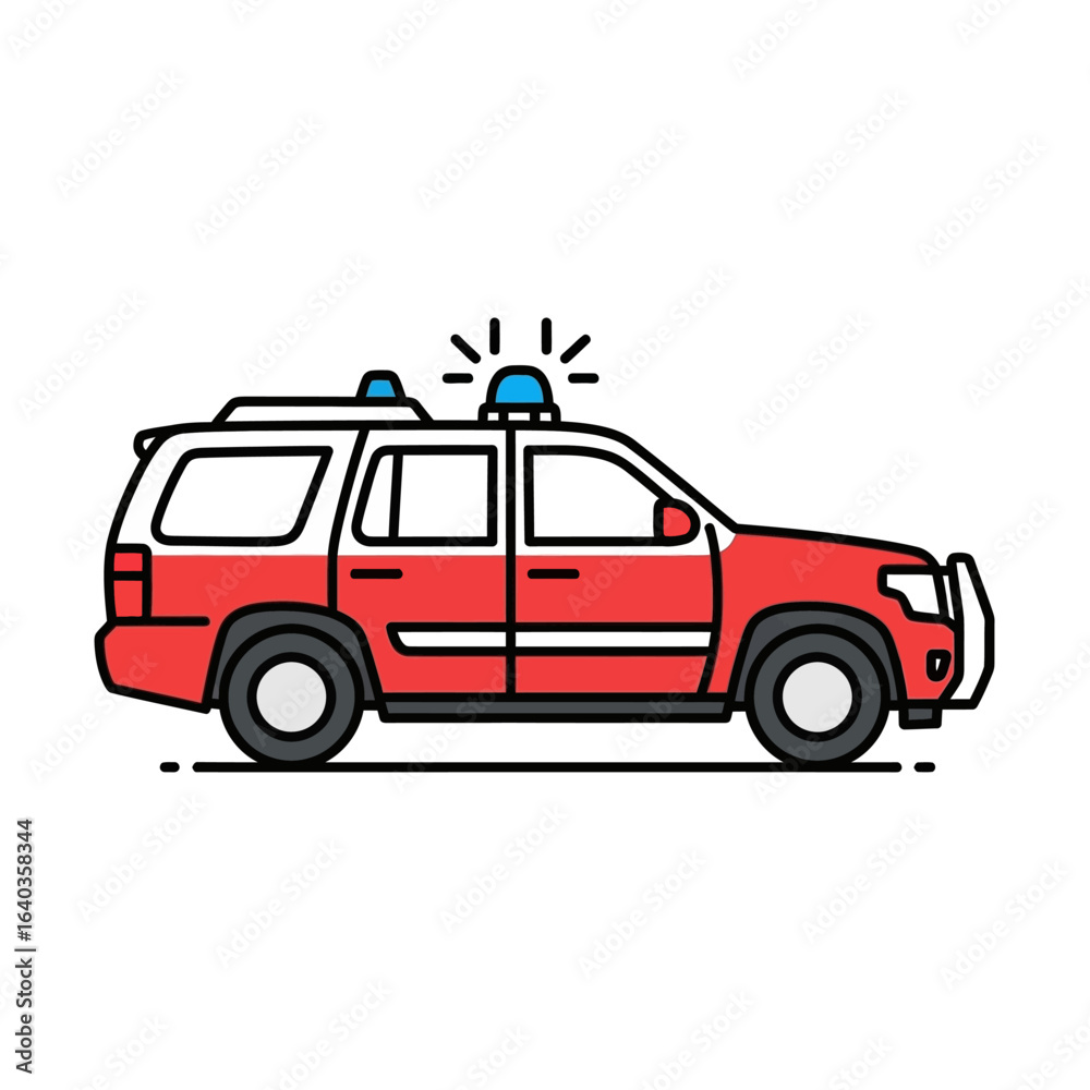 custom made wallpaper toronto digitalA brightly colored red emergency response vehicle, featuring prominent blue lights on its roof, is depicted in a crisp, minimalist line art style.