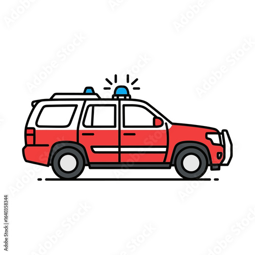 A brightly colored red emergency response vehicle, featuring prominent blue lights on its roof, is depicted in a crisp, minimalist line art style.