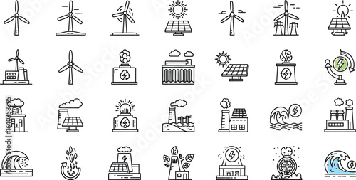 Collection of thirty renewable energy icons in outline style, showcasing various sources such as wind, solar, and water for sustainable power generation