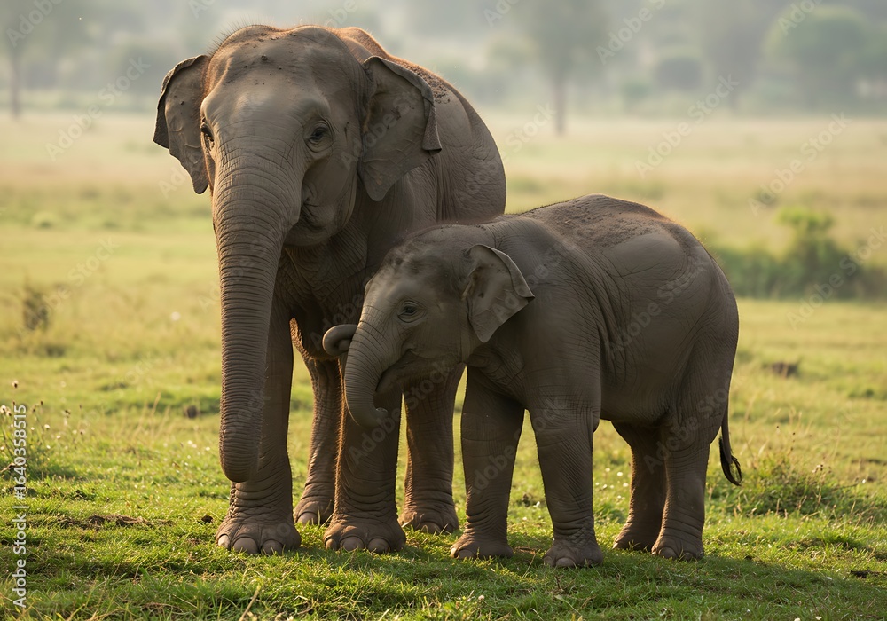 Fototapeta premium Two Asian Elephants in a Field at Sunrise. Generative Ai