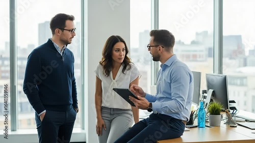 Three business people are having a discussion in a bright modern office using a tablet to review project details