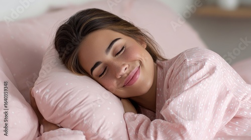 A young woman is seen sleeping comfortably on a soft pink pillow, with a peaceful smile and closed eyes, suggesting relaxation and restful slumber.