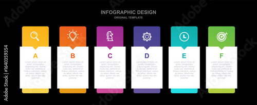 Flat design six stage process chart with vivid colors. Creative timeline infographic for company report, brochure, and presentation. Original template design.
