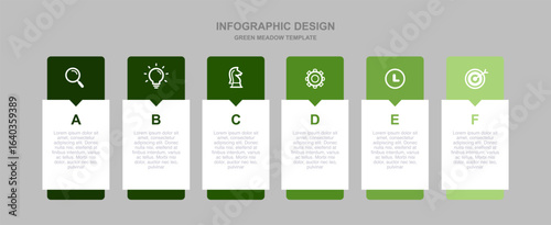 Gradient six stage process infographic template with icon set. Professional timeline chart for brochure, annual report, and presentation. Green Meadow theme.