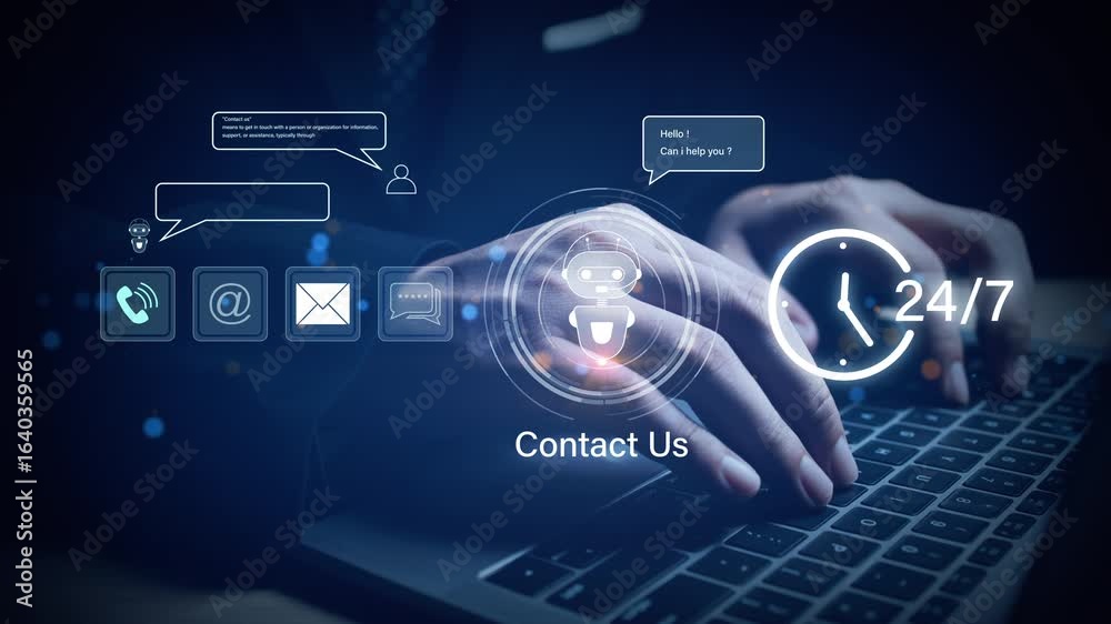 Modern 24 hours 7 days customer service concept with chatbot, email, phone, and live chat icons, representing business communication and support.