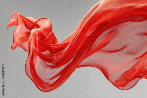 Bright red sheer fabric gently flows on a gray studio background. This image can add vibrant elegance to creative projects or marketing.