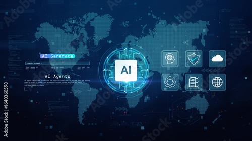 AI agents and AI generate technology with global digital map, automation, cloud computing, machine learning, and cybersecurity icons. Technology artificial intelligence concept