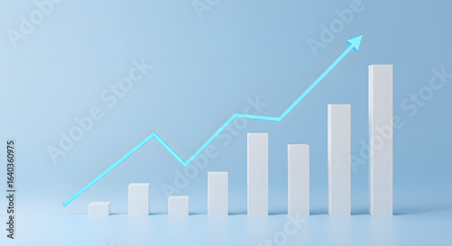 3D bar chart with upward trend arrow on blue background