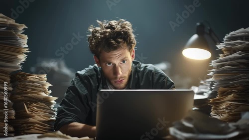 cinematic wide shot, stressed young professional surrounded by towering piles of paperwork and files at a cluttered desk, computer screen glowing in dark office, late night