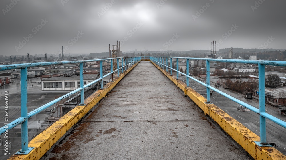 Obraz premium Urban Industrial Landscape with Cloudy Sky and Elevated Walkway