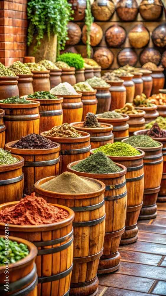 Fototapeta premium Aromatic spice market with wooden barrels and terracotta pots