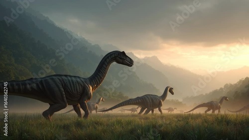 ultra-realistic wide shot of a herd of dinosaurs grazing in a misty prehistoric valley at sunrise, cinematic golden hour lighting, detailed environment, soft focus background, photorealistic