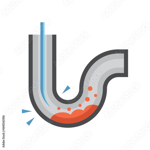 Drain snake tool inserted into clogged trap or backup pipe. Solution for clearing blockages. Represents plumbing service, maintenance. Concept of home repair, drain cleaning, sanitation systems.
