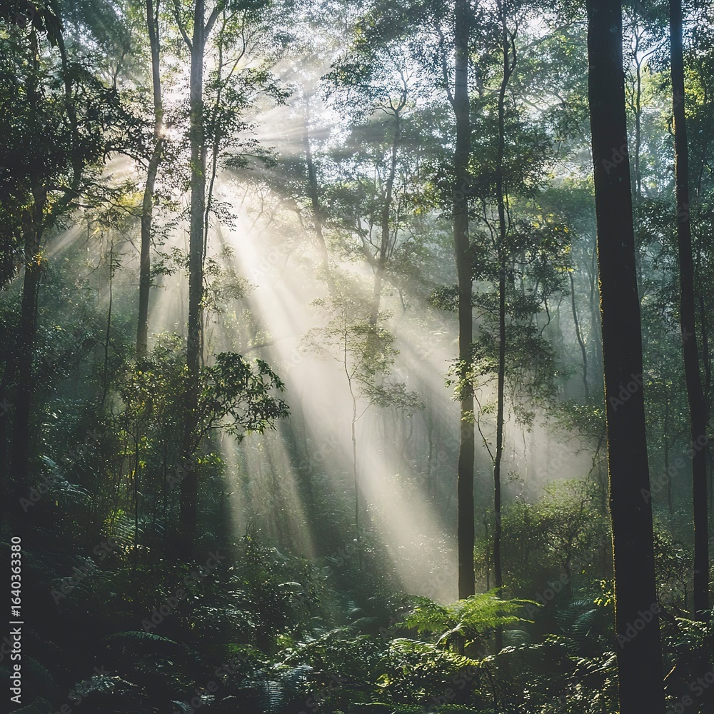 Obraz premium A serene misty morning in a dense forest, with soft sunlight rays breaking through the trees, illuminating the foggy atmosphere. Real photo, stock photography.