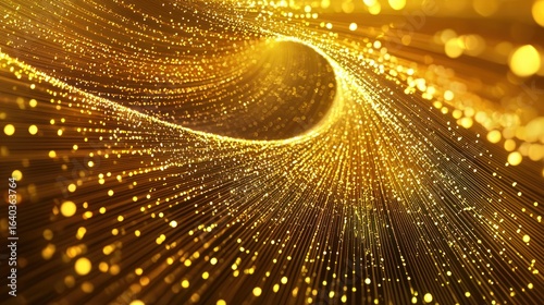 Tunnel gold color digital particles dots and line twist abstract background for new year or important events, 3d rendering