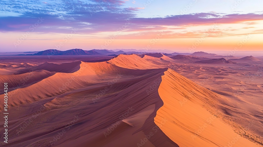 Naklejka premium Wide aerial shot of an endless desert, golden sand dunes creating intricate patterns, with shadows stretching across the vast, barren landscape