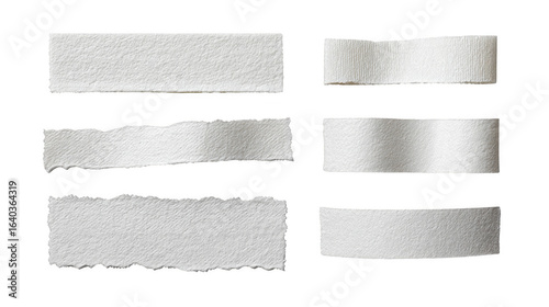 A series of torn pieces of paper, each with a different shape and size