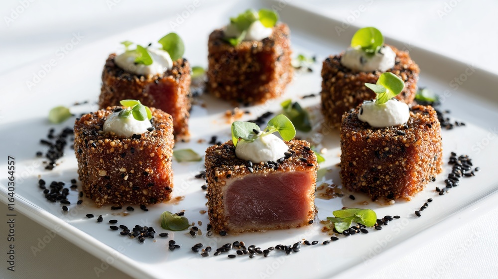 Sesame-crusted tuna cubes adorned with cream and greens, artistically arranged Sesame-crusted tuna cubes adorned with cream and greens, artistically arranged