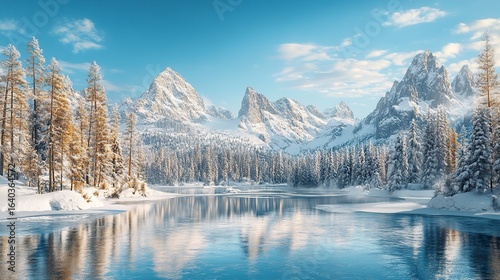 A winter wonderland scene with snow-capped trees and a frozen lake, surrounded by a majestic mountain range under a clear blue sky, real photo, stock photography