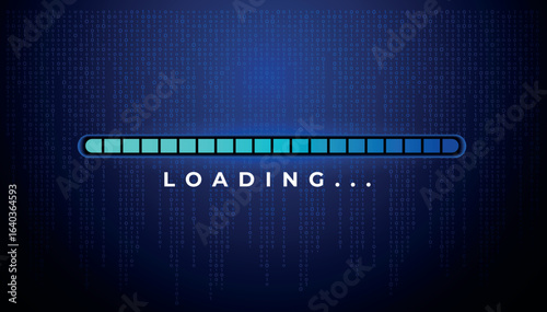 Modern glowing blue loading bar with "LOADING..." text, illuminated against a dark background with binary numbers (1,0) like a Matrix, Technology futuristic artificial intelligence concept. Background