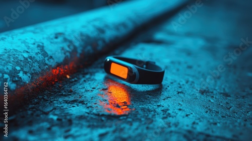 A sleek fitness tracker rests on a textured surface, illuminated by a soft glow, blending modern technology with an industrial backdrop.