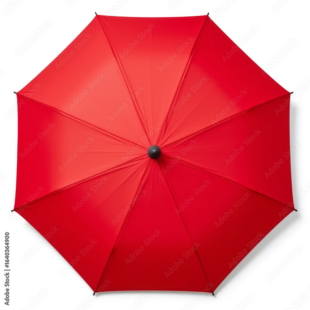 Red umbrella top view with bright fabric and black tip on white background Red umbrella top view with bright fabric and black tip on white background