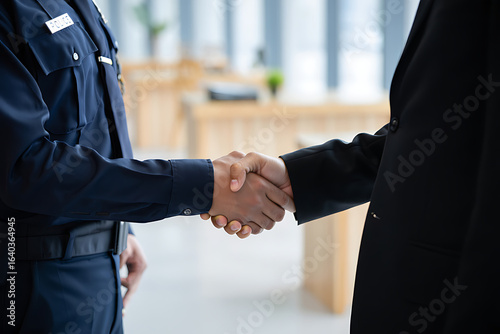 Police officer and civilian shaking hands in agreement