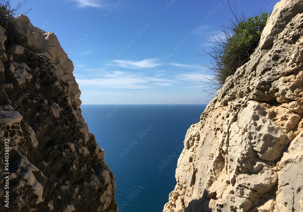A view of the ocean between two rocky cliffs on a clear sunny day