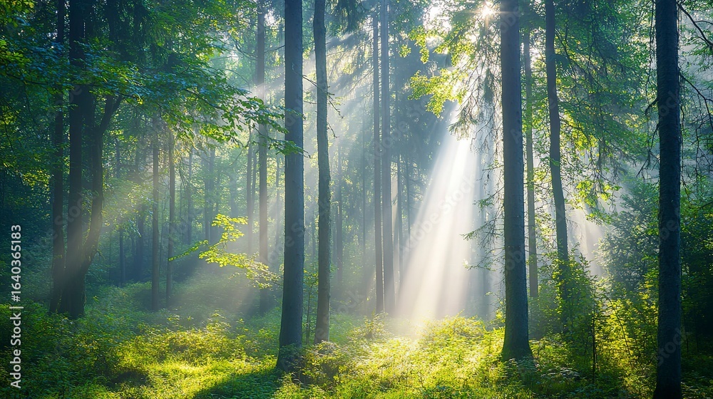 Obraz premium Morning mist lingering in a dense forest, with bright beams of sunlight filtering through the trees, creating a warm, peaceful atmosphere. Real photo, stock photography.